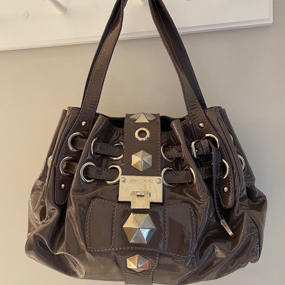 Jimmy Choo patent leather handbag with gold tone hardware